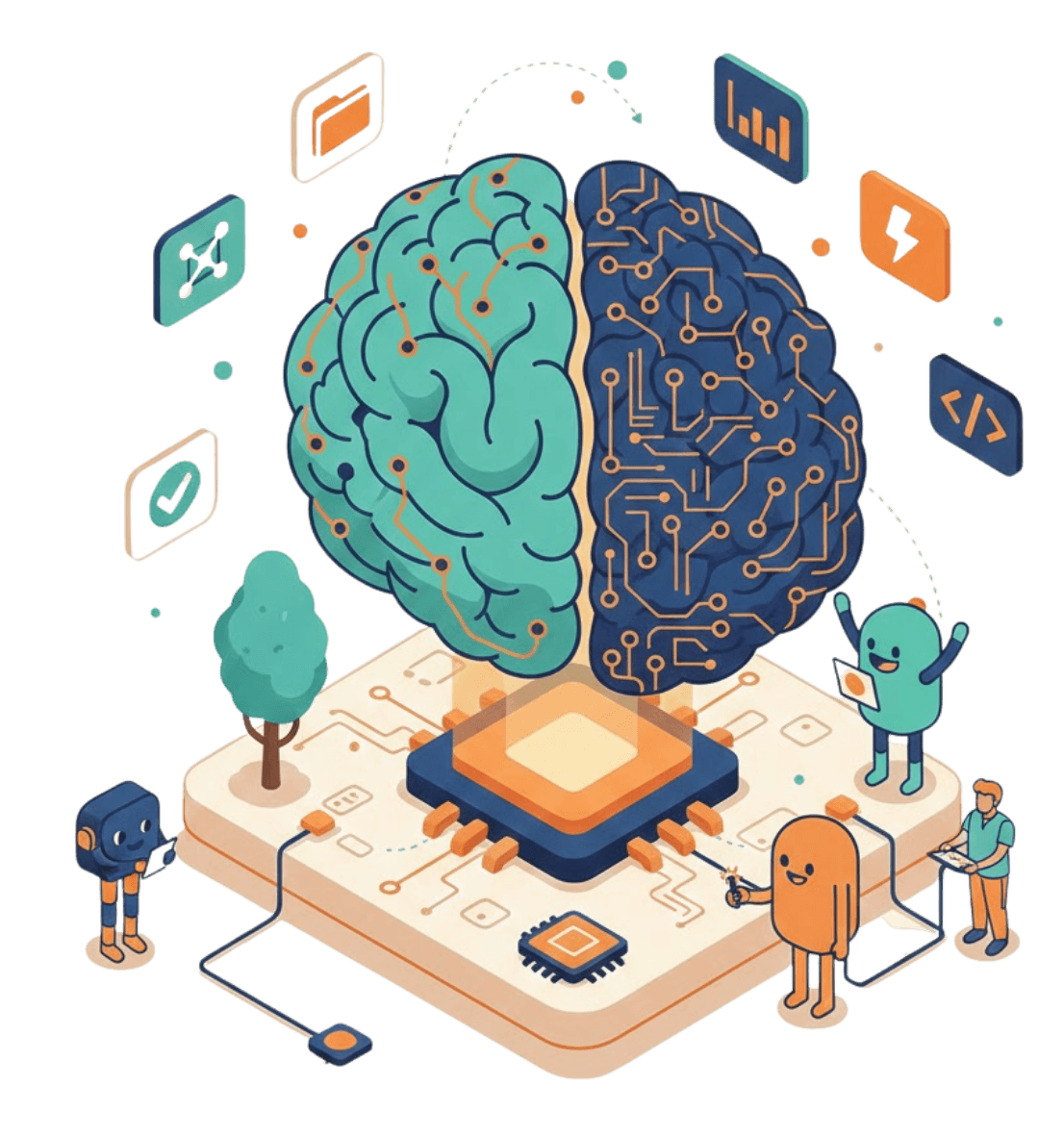 Smiling robot with a star, surrounded by icons of ideas, success, and AI, in a circle.