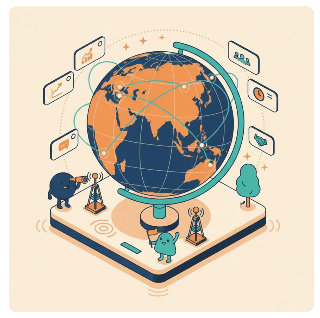 Orange megaphone character pointing, with a brain graphic inside, surrounded by tech-related icons.