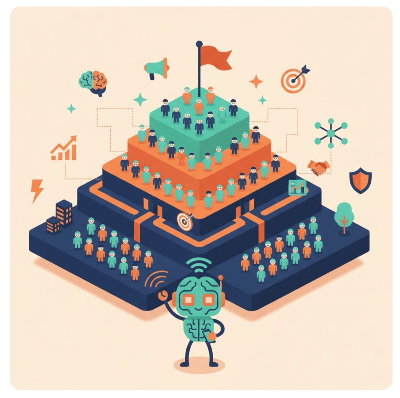 Smiling robot with a star, surrounded by icons of ideas, success, and AI, in a circle.