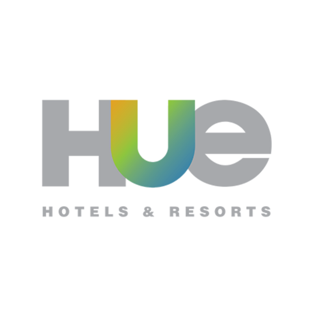 Logo for HUE Hotels & Resorts. Gray text: HUE.