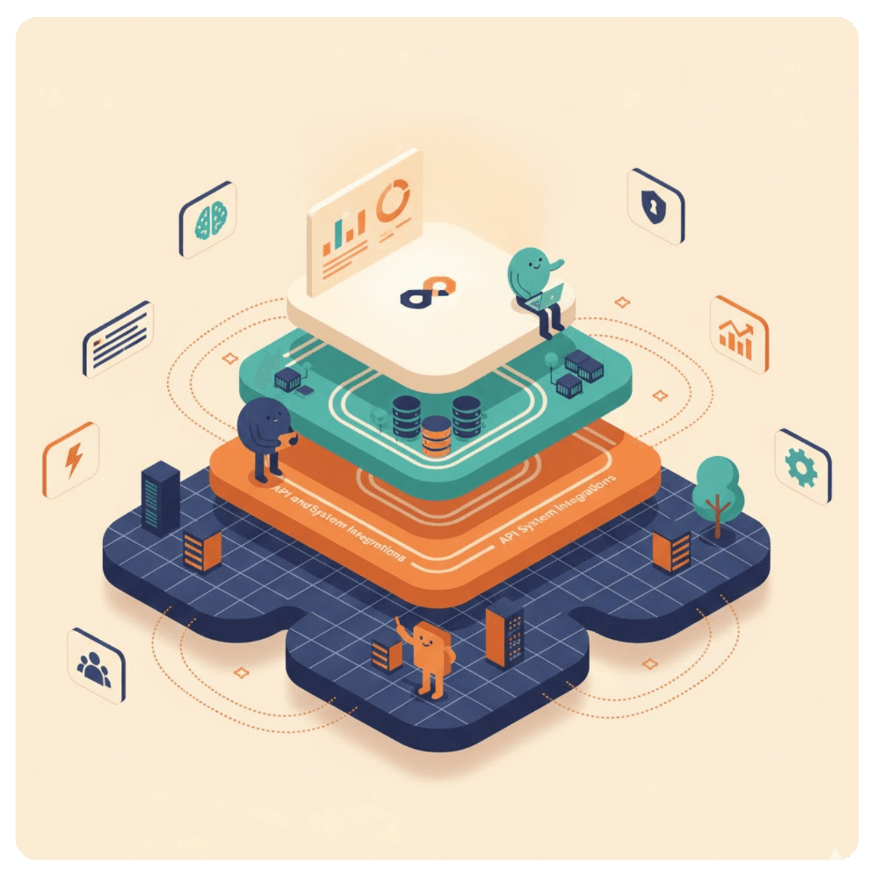 Isometric illustration of a data processing system with workers, charts, and servers in orange, blue, and white.