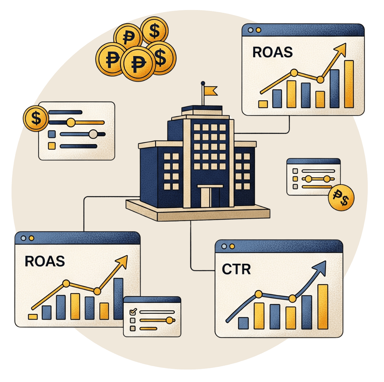 Performance marketing graphic showing hotel ad metrics