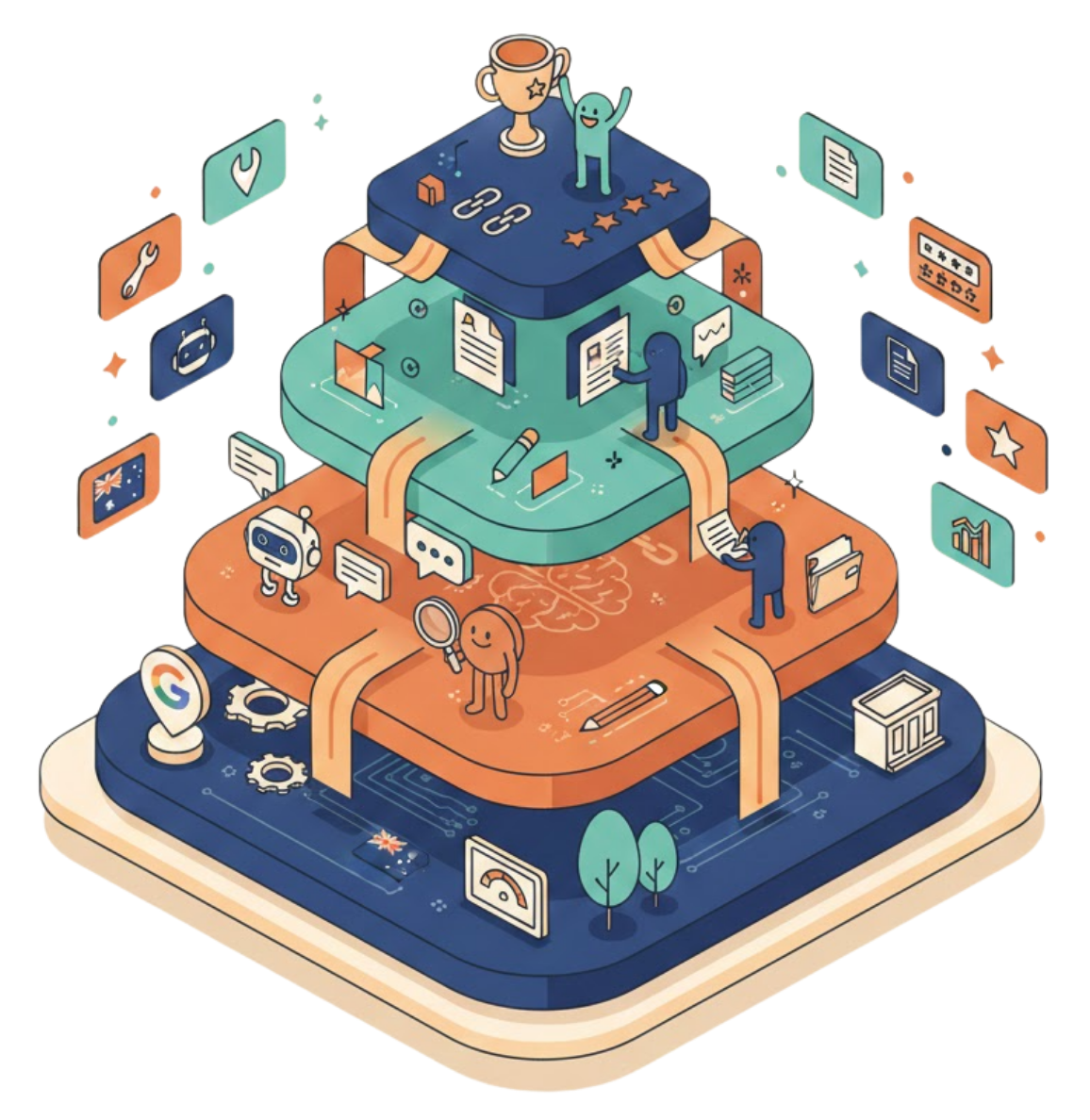 Isometric diagram of four layers, people working on documents, with a trophy at the top.