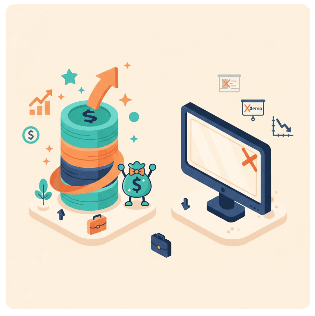 Financial success: Stack of coins with upward arrow, happy money bag, and a computer with financial data and a red graph.