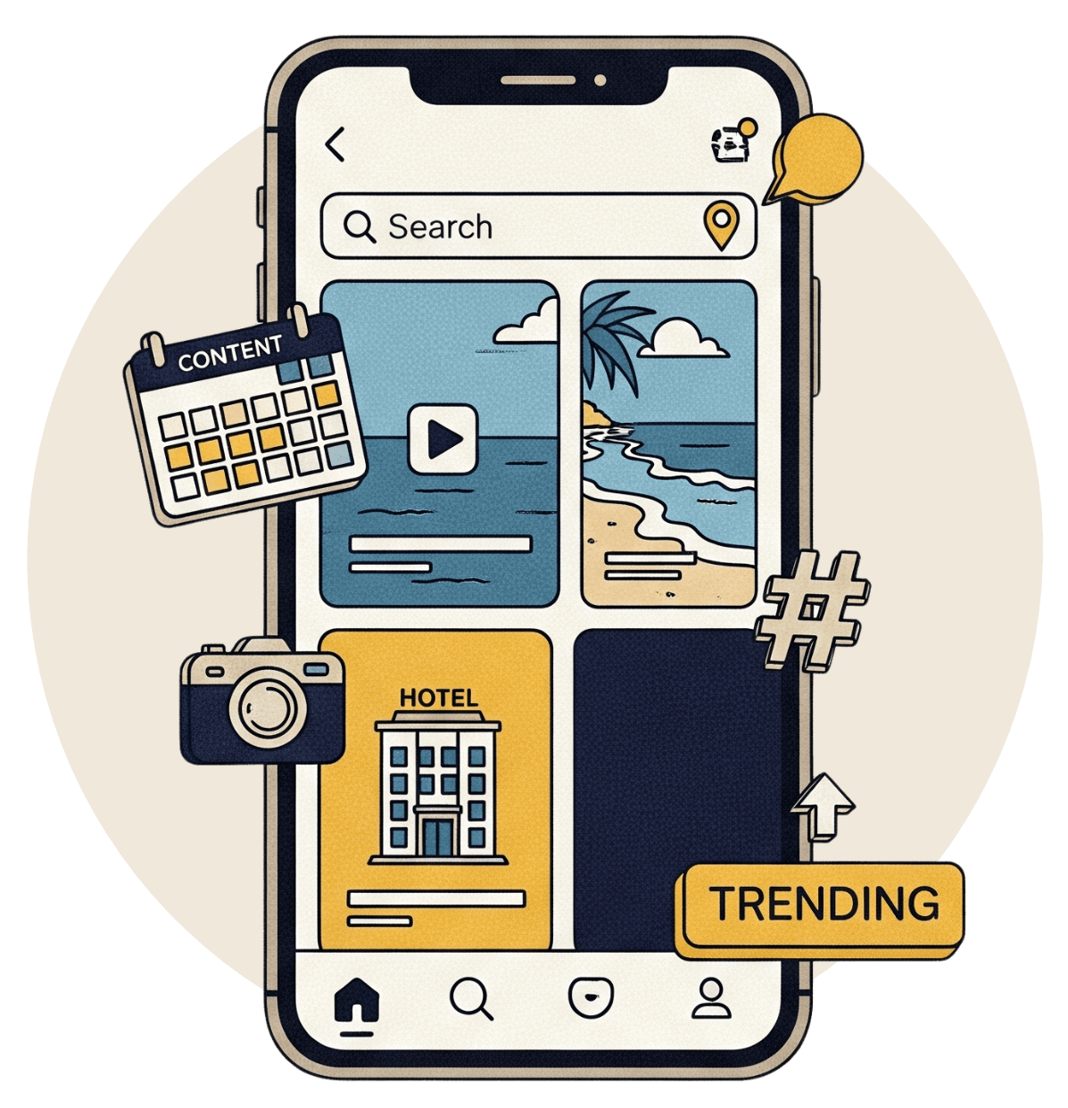 TikTok as a hotel discovery platform, with mobile content, video tiles, and search icons 