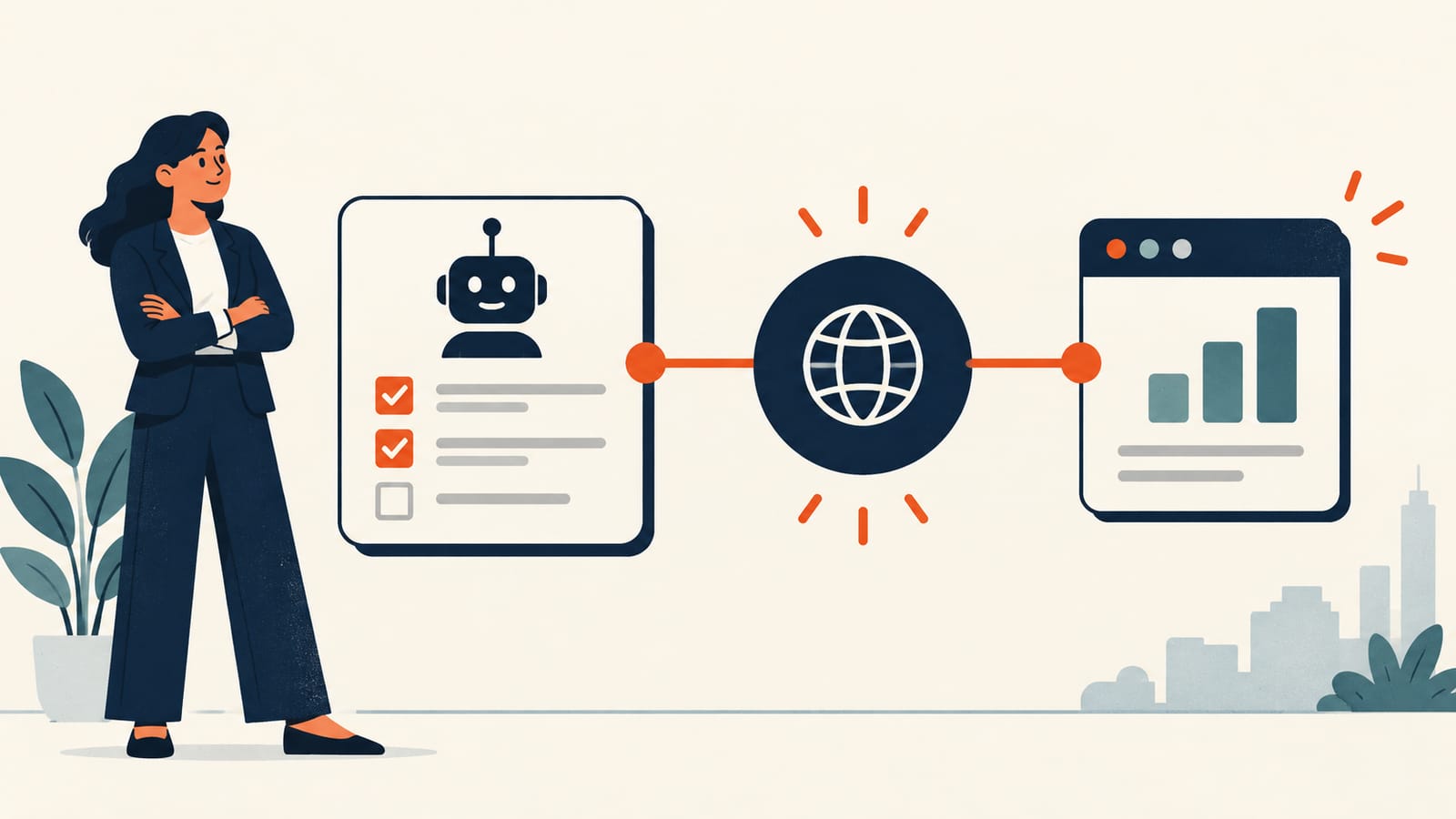 Paper-craft diagram: a navy robot figure labeled Agent, a USB-style connector labeled MCP, and a folder of documents labeled Skills, joined by a dashed line flowing into one glowing node.