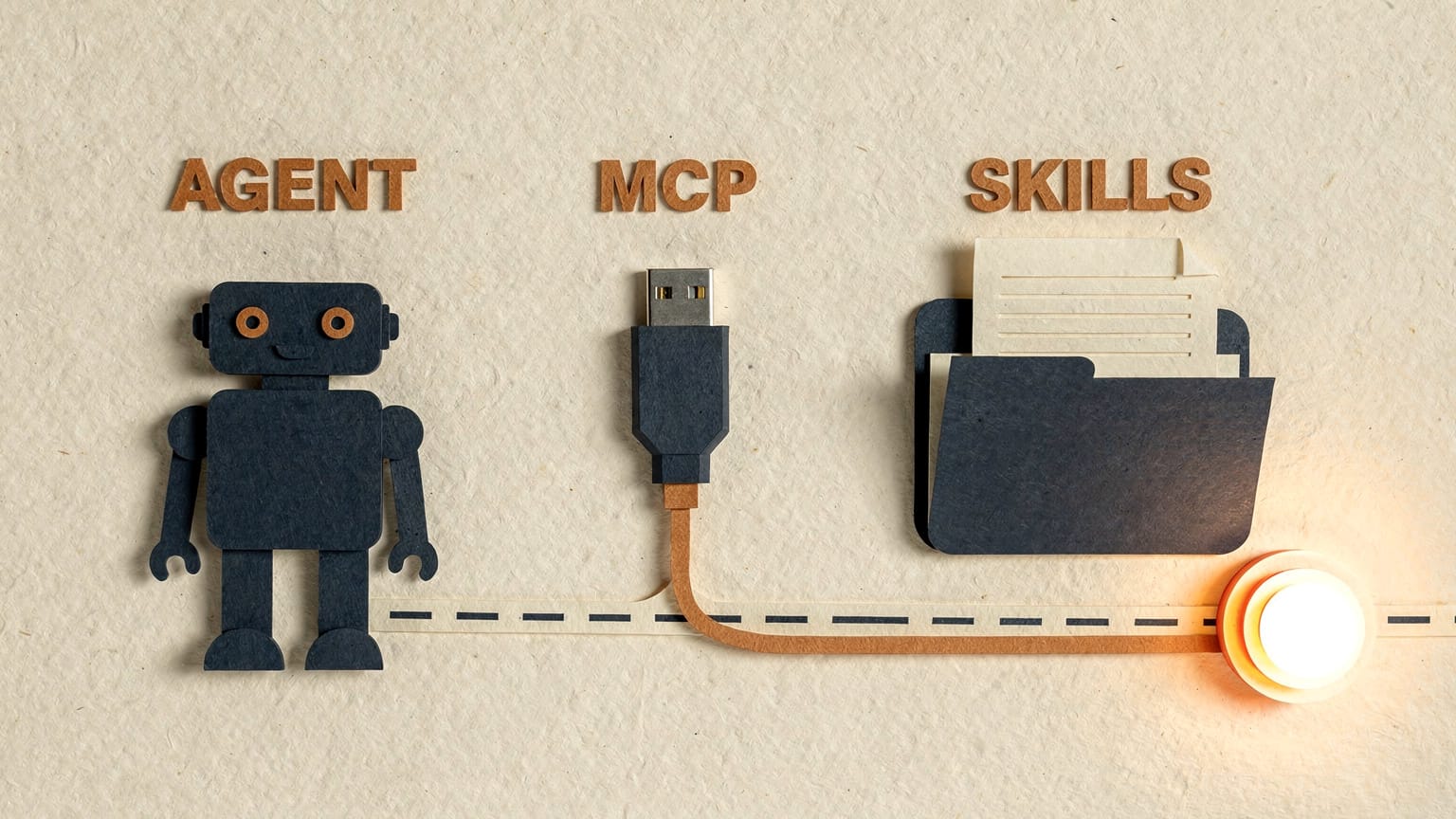 Paper-craft diagram: a navy robot figure labeled Agent, a USB-style connector labeled MCP, and a folder of documents labeled Skills, joined by a dashed line flowing into one glowing node.