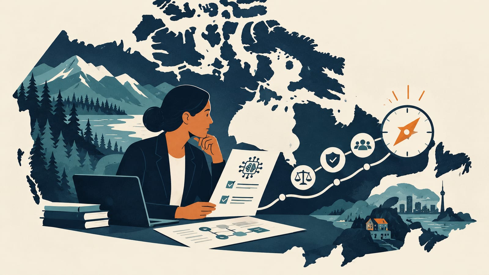 Editorial illustration representing Canadian businesses working with AI and privacy safeguards.