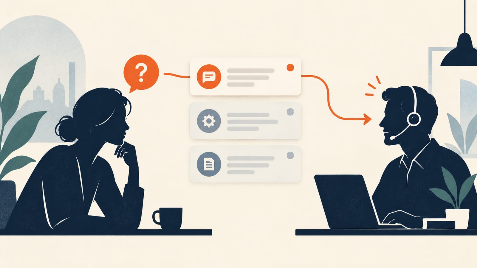 Paper-craft illustration: a navy inbox overflowing with tickets beside a cream inbox with a human silhouette card.