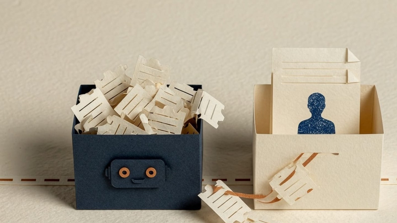 Paper-craft illustration: a navy inbox overflowing with tickets beside a cream inbox with a human silhouette card.