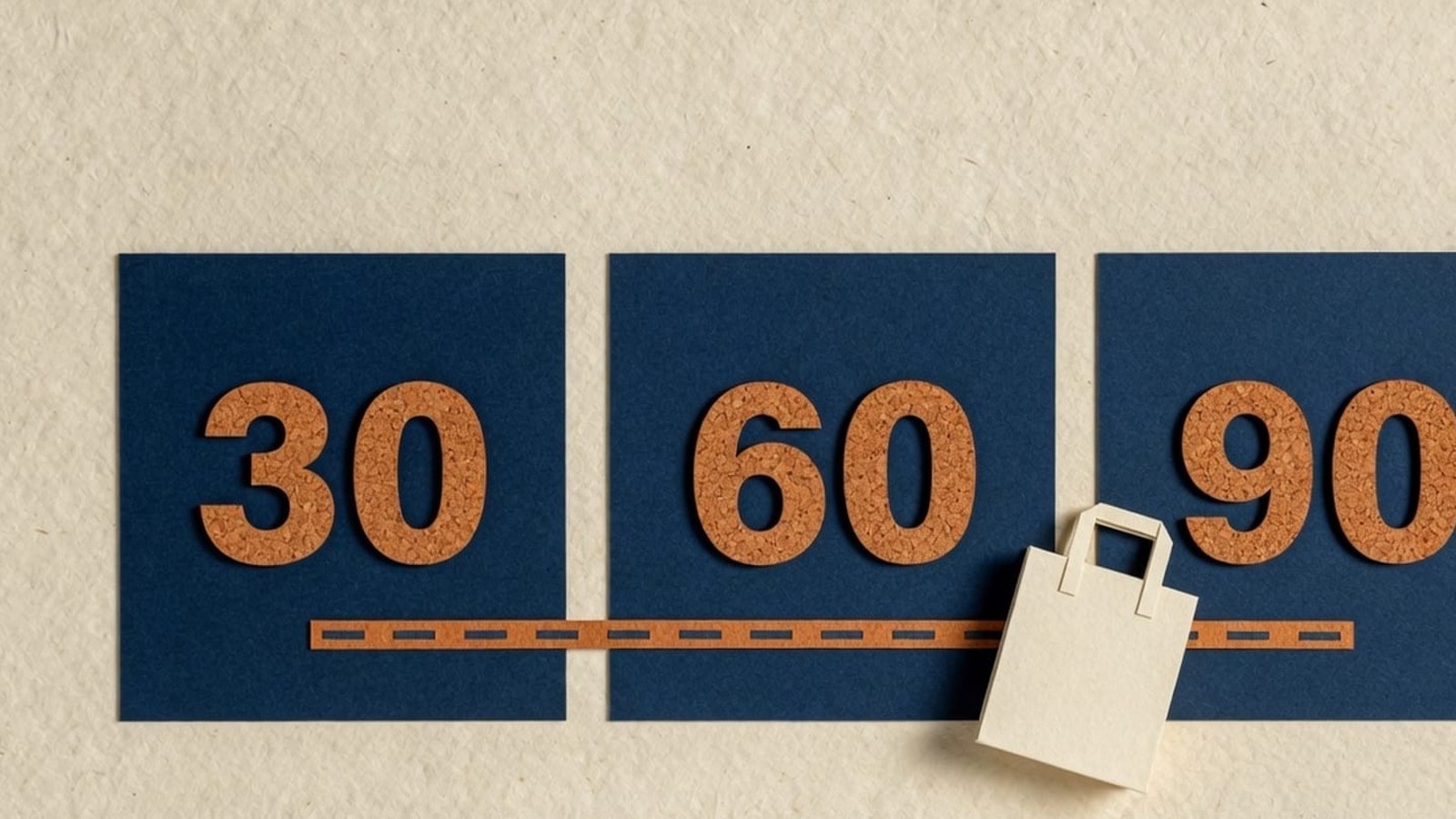 Paper-craft illustration: three navy cards labelled 30, 60 and 90, a dashed orange path and a cream shopping bag.