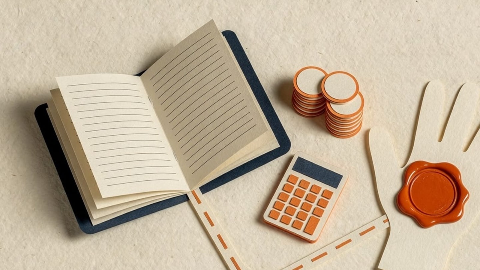 Paper-craft illustration: open navy ledger, cream calculator and coin stack, a cream paper hand with an orange wax seal.