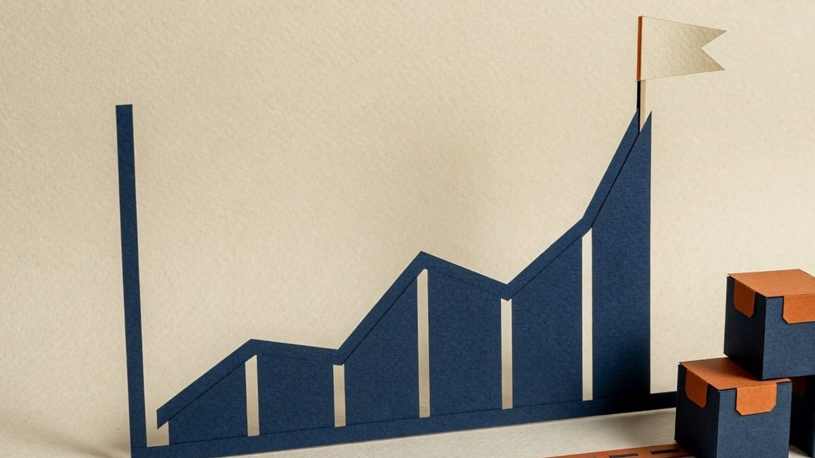 Paper-craft illustration: a navy paper chart with a cream exception flag and three small inventory boxes.