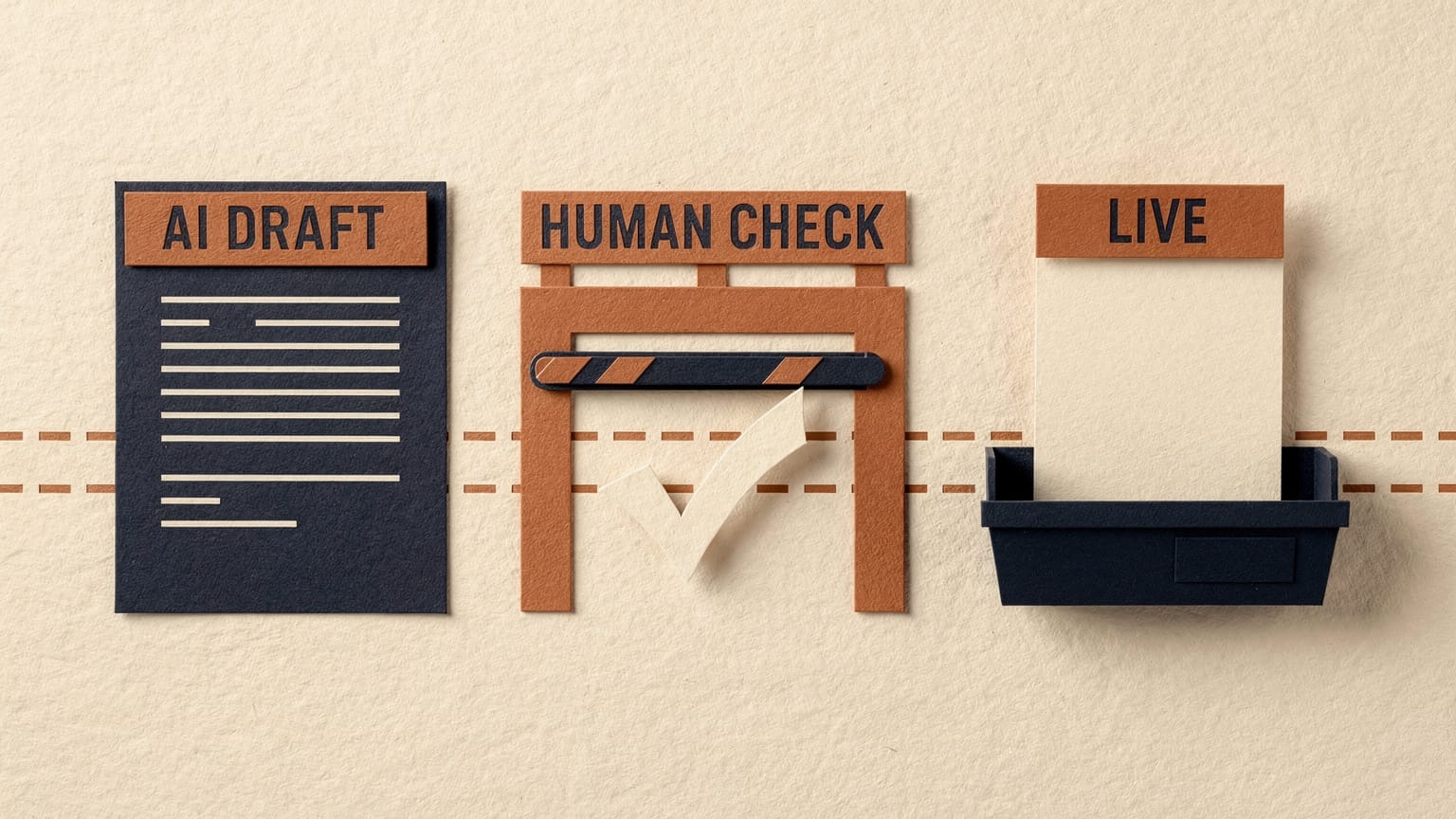 Paper-craft illustration: a navy document labelled AI DRAFT, a burnt-orange checkpoint gate labelled HUMAN CHECK with a cream tick beneath it, and a navy outbox tray labelled LIVE — a dashed orange line runs through the gate before reaching the tray.