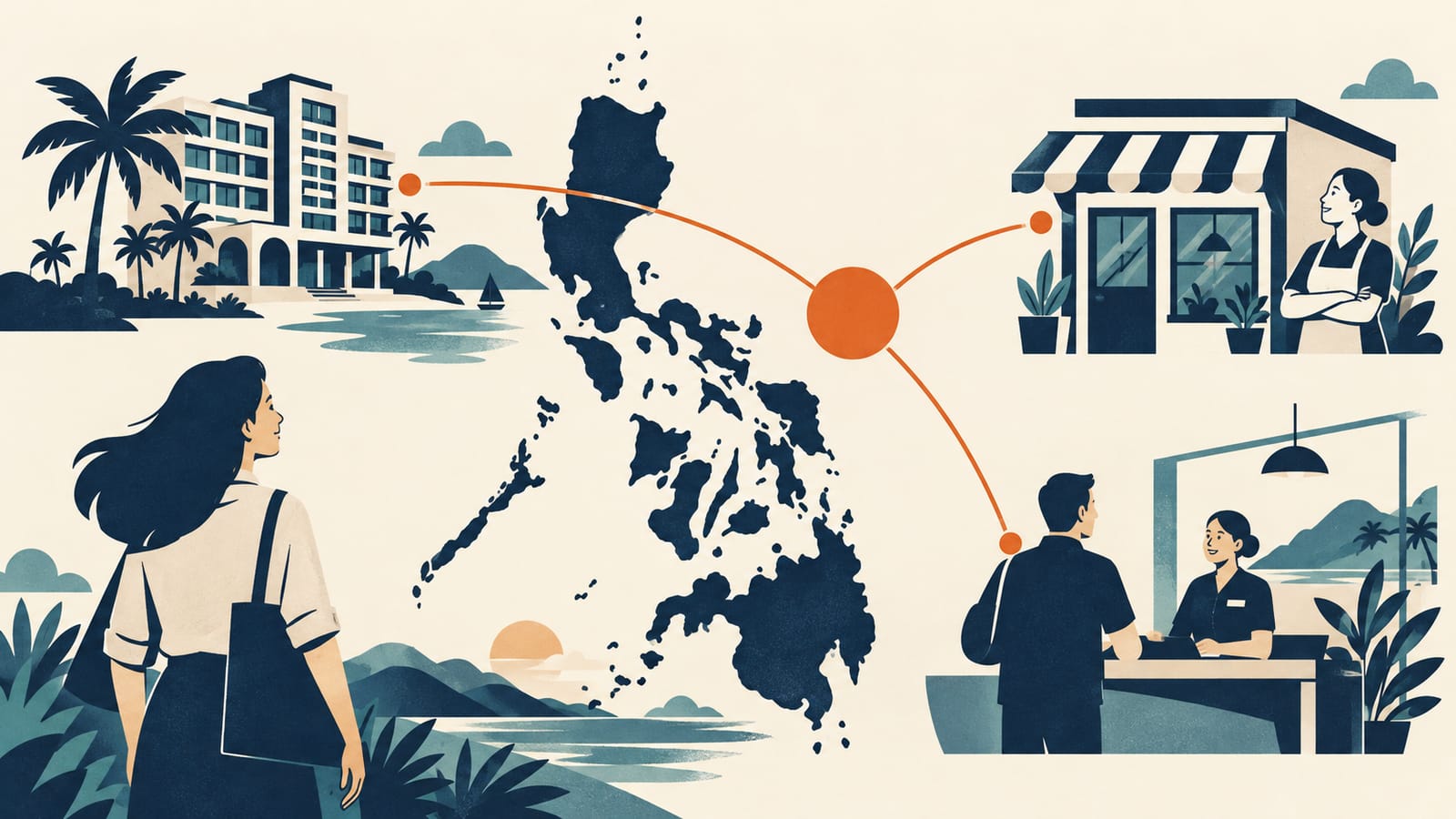 Paper-craft collage: a cut-cardboard chat bubble, peso coin, sari-sari store stall, and smartphone on torn navy paper, illustrating AI in everyday Filipino life.