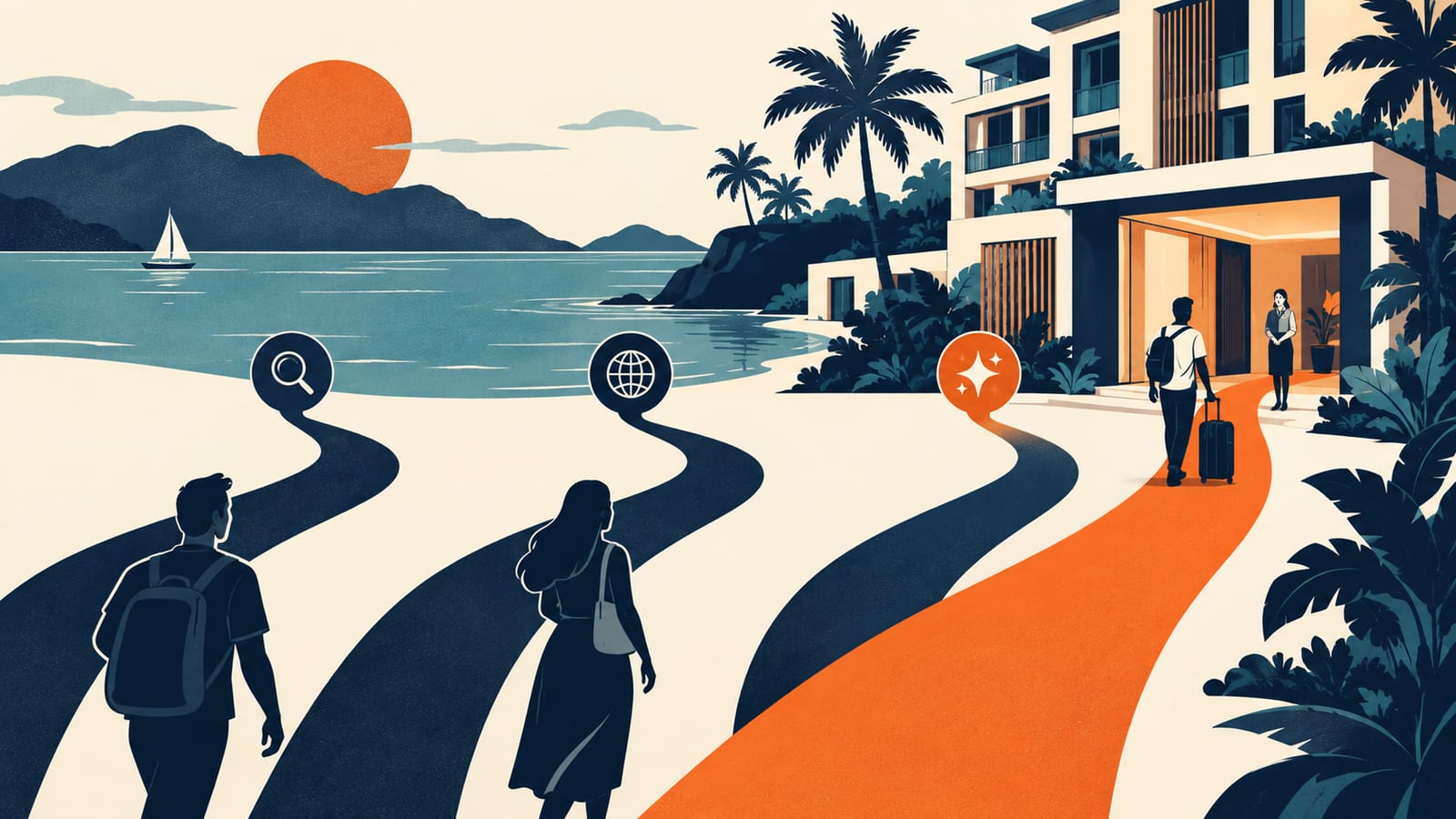 Illustration of travellers finding a coastal hotel through AI search