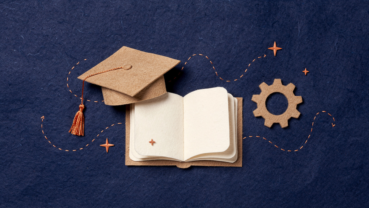 Paper-craft header: cut-paper gears, an arrow, and connected nodes on torn navy paper, illustrating learning AI automation.