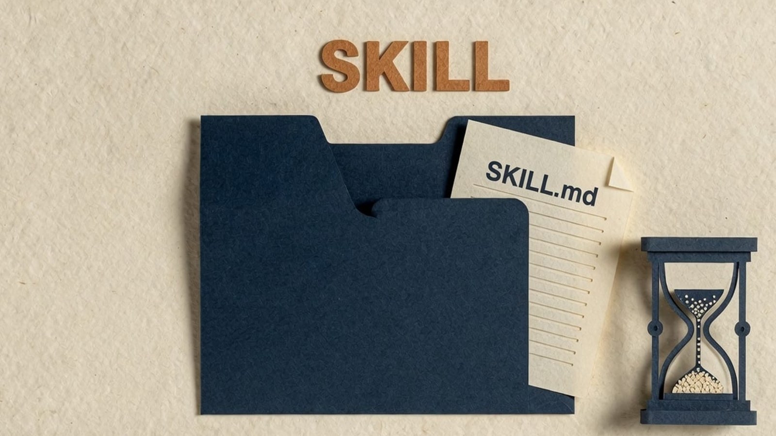 Paper-craft illustration: navy folder labelled SKILL, a cream SKILL.md sheet, and a navy hourglass.