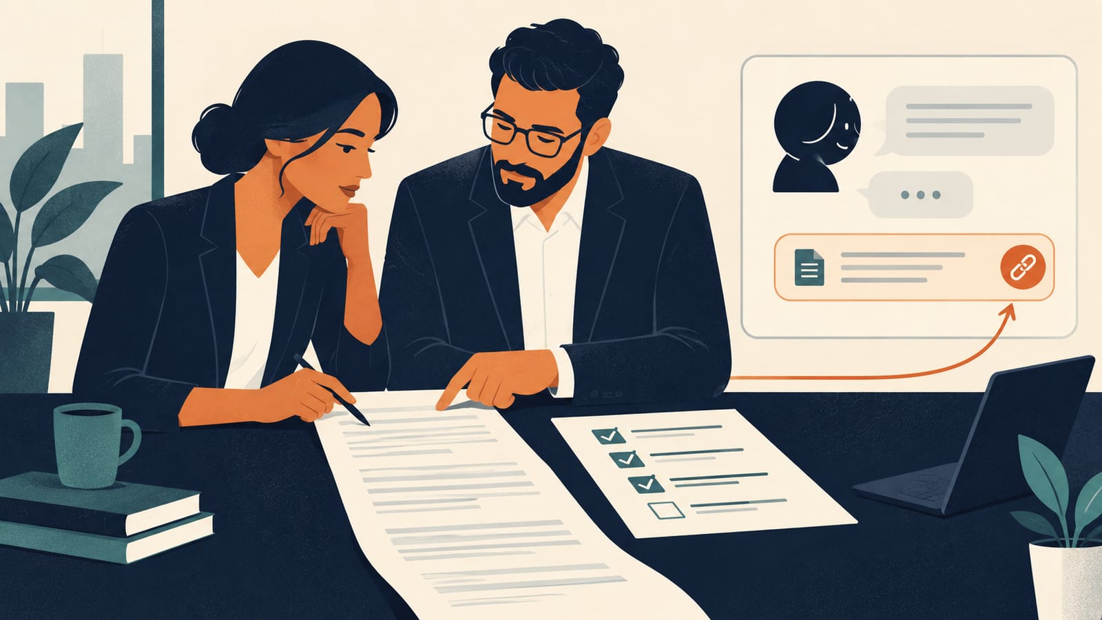 Paper-craft header illustration: a cut-cardboard speech bubble, a document, and a connector plug on torn navy paper — Claude as a business assistant that reads documents and connects to tools.