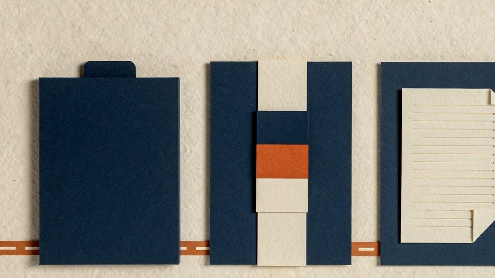Paper-craft illustration: three navy cards — a project tab, a style swatch strip, and a cream artifact page — joined by a dashed orange line.