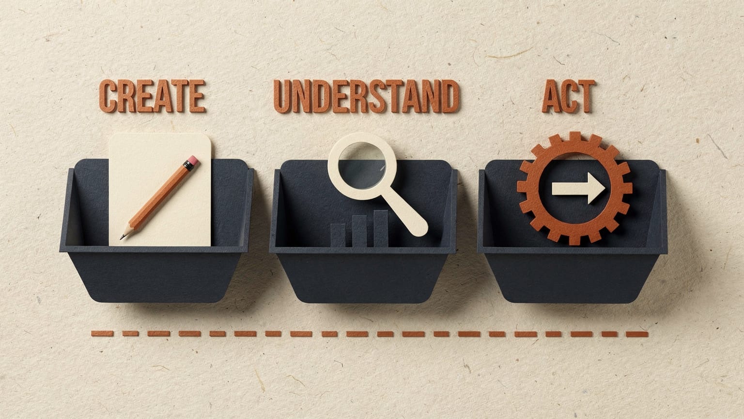 Paper-craft illustration: three navy cut-paper trays labelled CREATE, UNDERSTAND and ACT — the first holding a cream sheet and orange pencil, the second a magnifying glass over a bar chart, the third an orange cog with a forward arrow — linked by a dashed orange line.