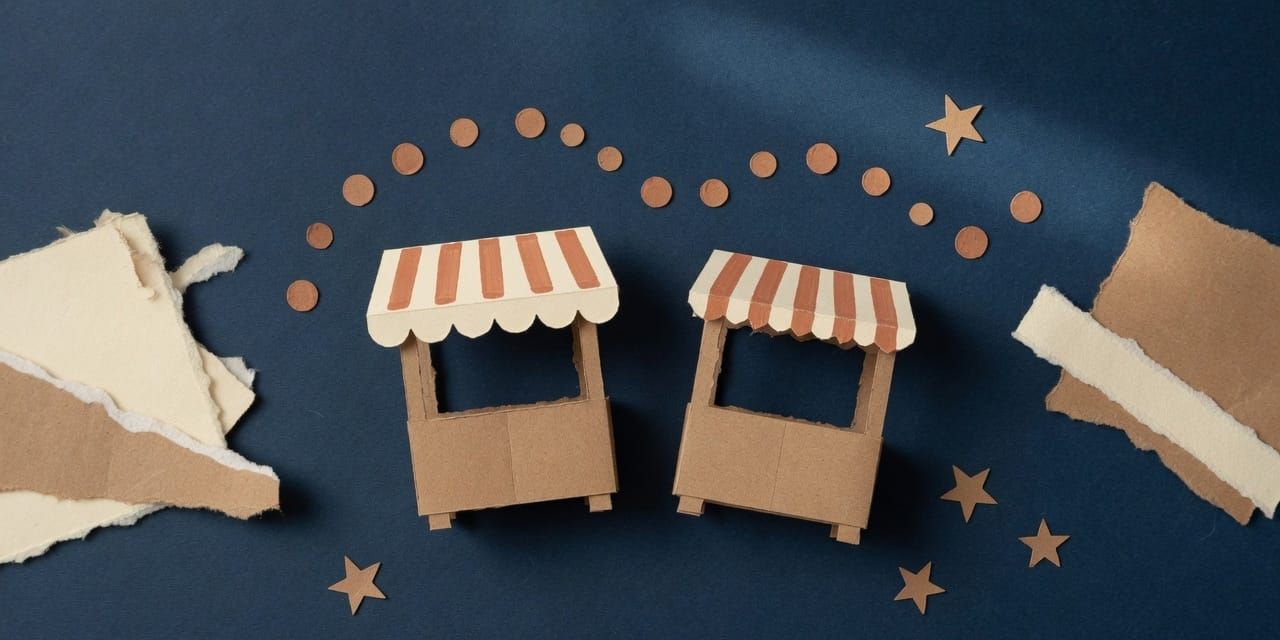 Two paper market stalls side by side, for selling on Lazada and Shopee