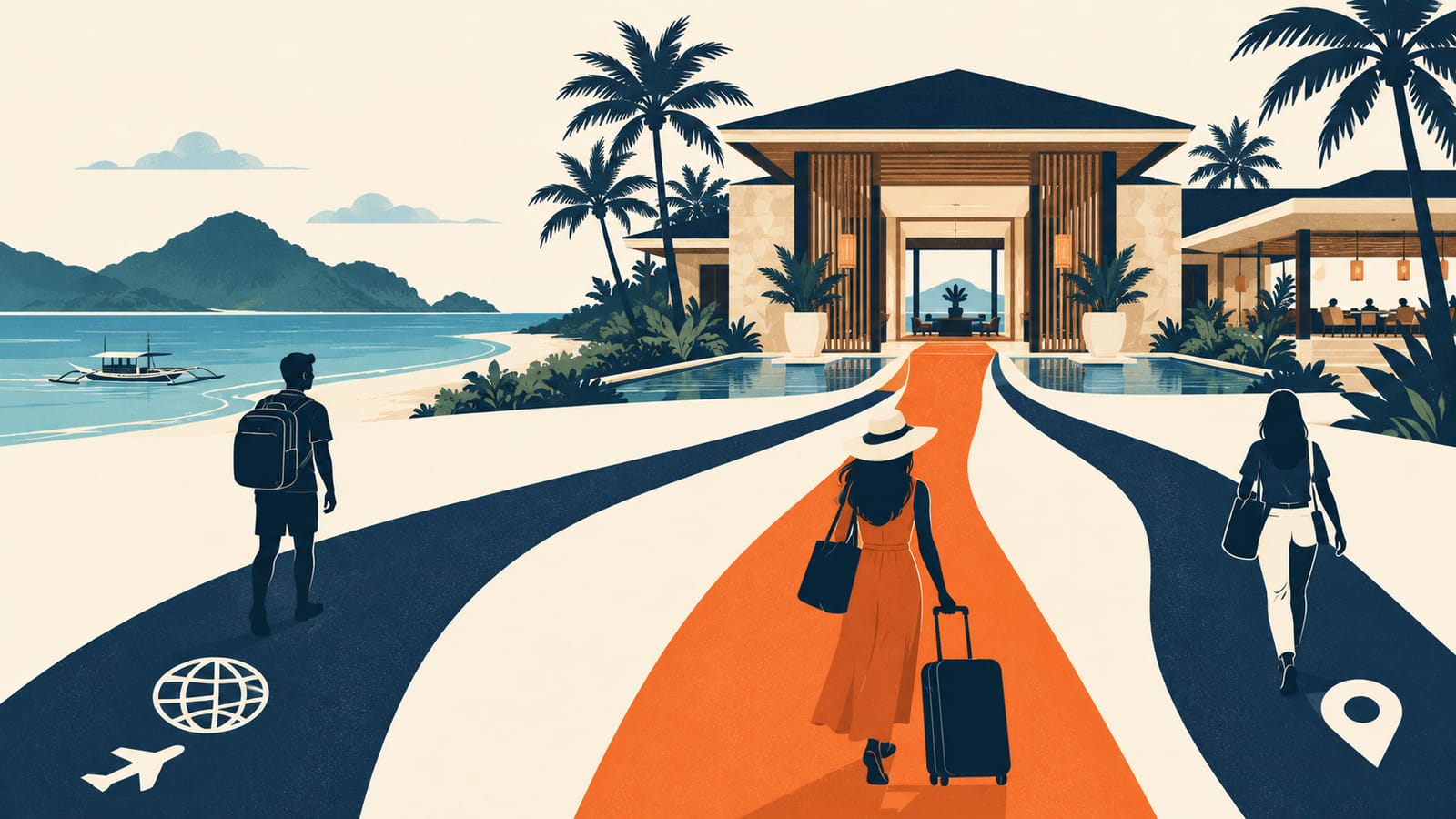 Illustration of a Philippine hotel with booking, video and campaign icons around it