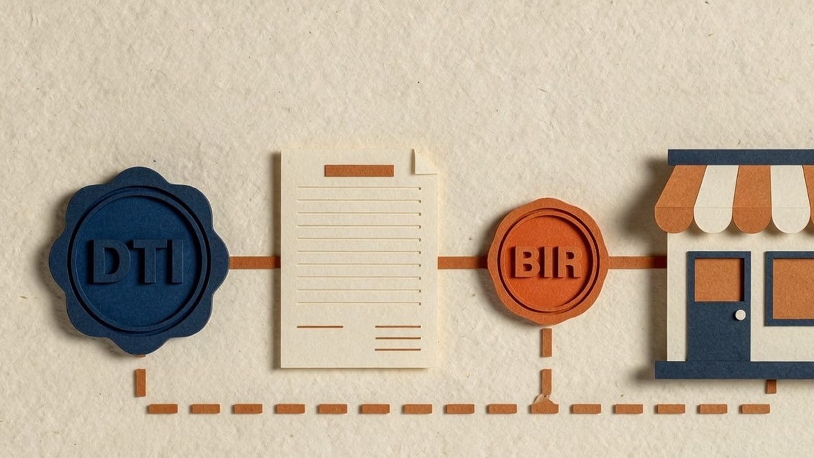 Paper-craft illustration: navy DTI seal, cream permit, orange BIR seal, leading to a small cream storefront.