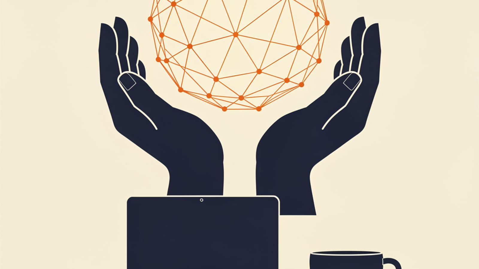 Illustration of a person holding a connected AI network above a laptop