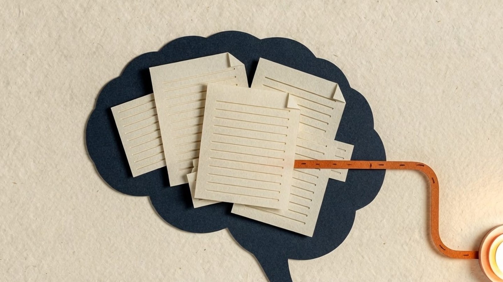 Paper-craft illustration: a navy brain silhouette of stacked cream source cards, orange dashed line to a glowing node.