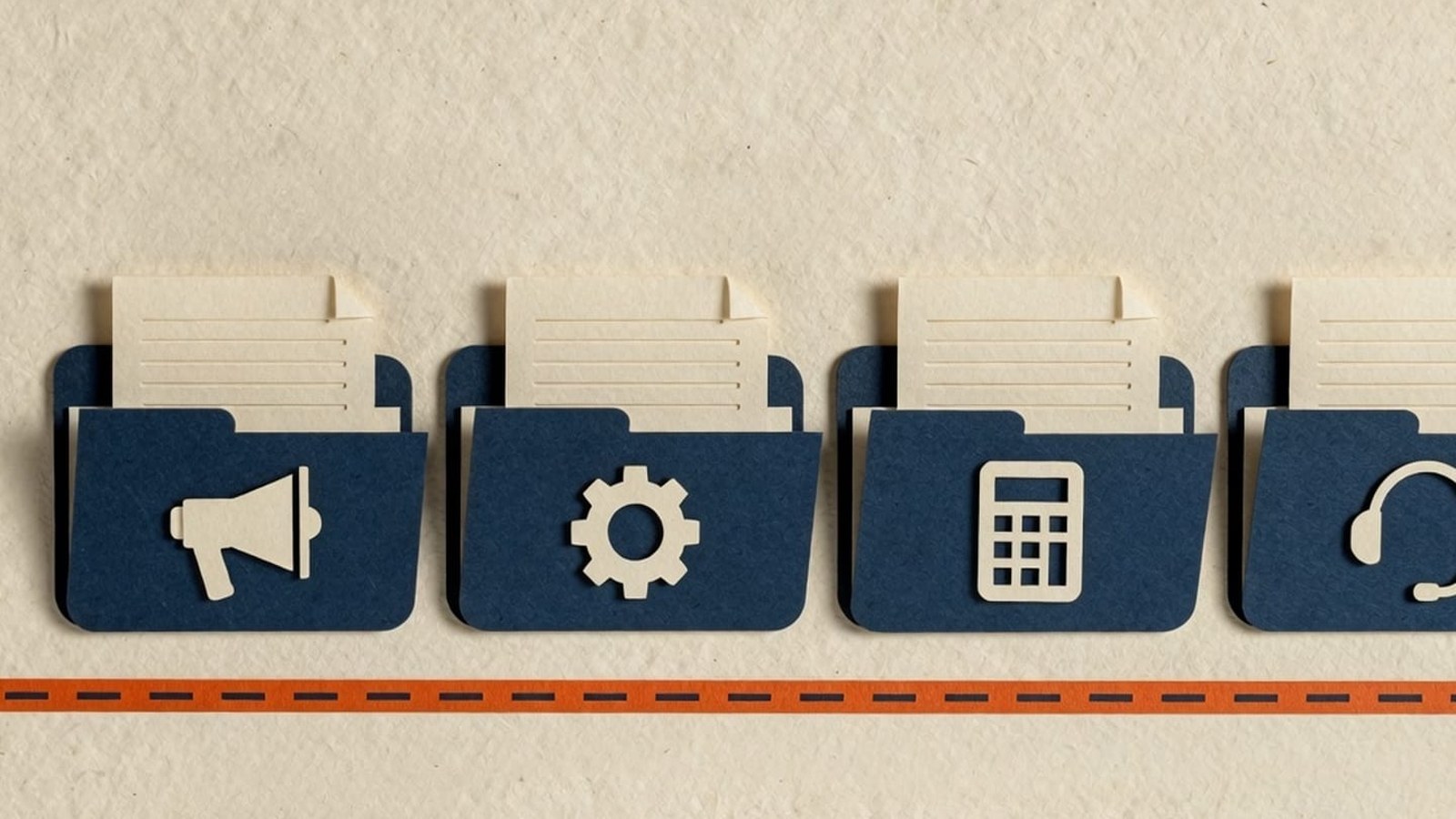 Paper-craft illustration: four navy folders with cream icons for megaphone, gear, calculator and headset, each with a prompt card peeking out.