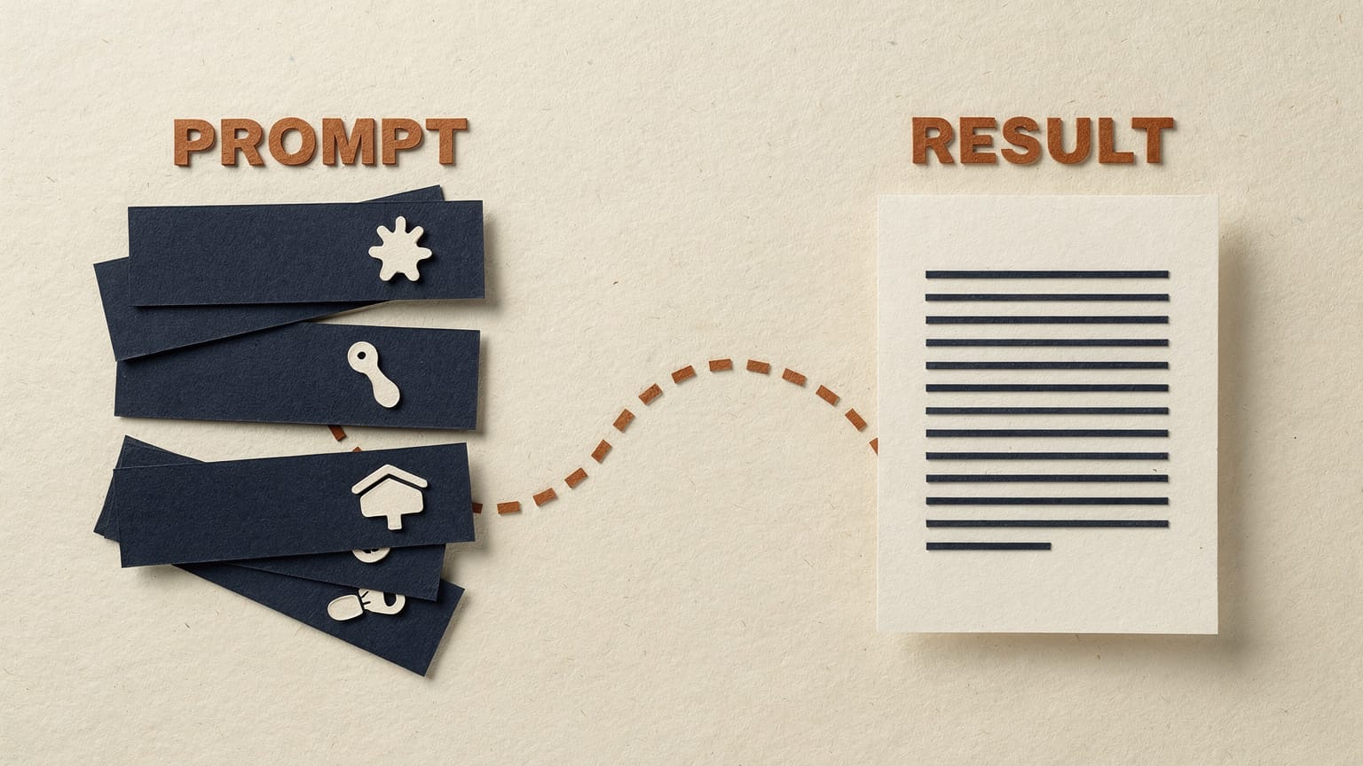 Paper-craft illustration: five deep-navy cut-paper strips stacked in a fan, labelled PROMPT, with a dashed burnt-orange line running right to a single crisp cream document sheet labelled RESULT.