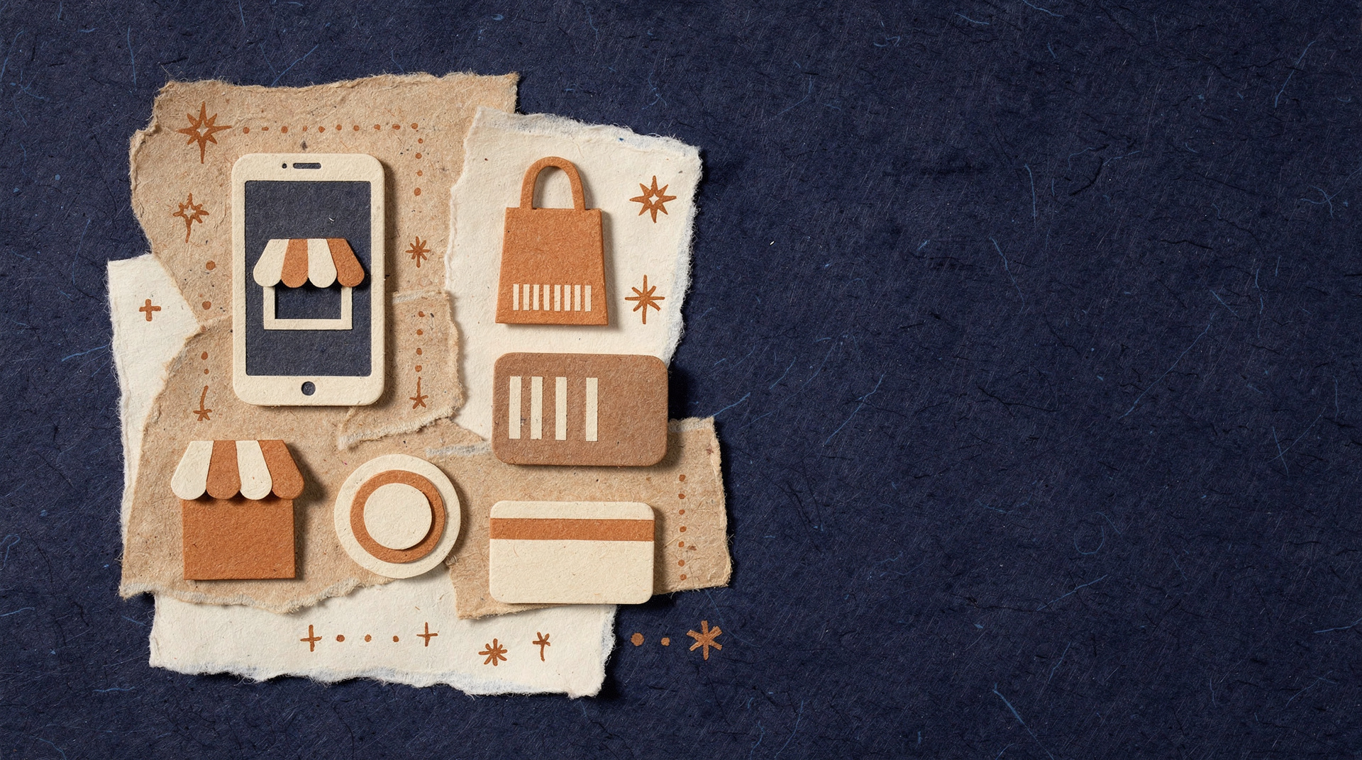 Paper-collage header for the Shopify Philippines 2026 guide — phone storefront, shopping bag, parcel, card and market-stall motifs on navy