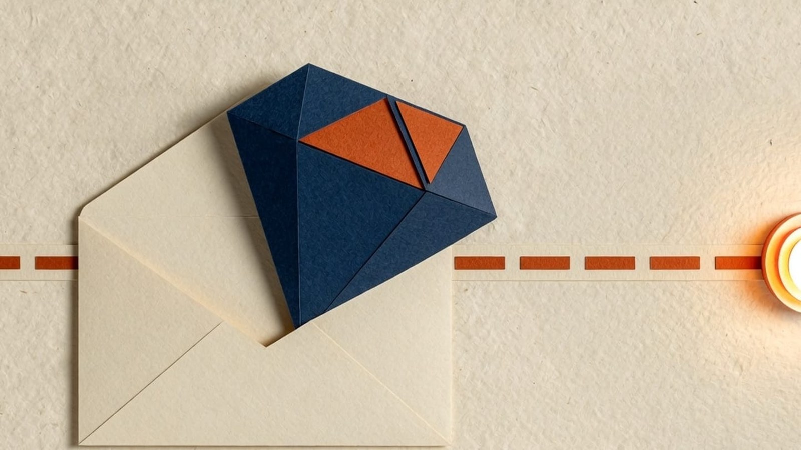 Paper-craft illustration: a cream envelope with a faceted navy-and-orange gem, dashed line to a warm node.