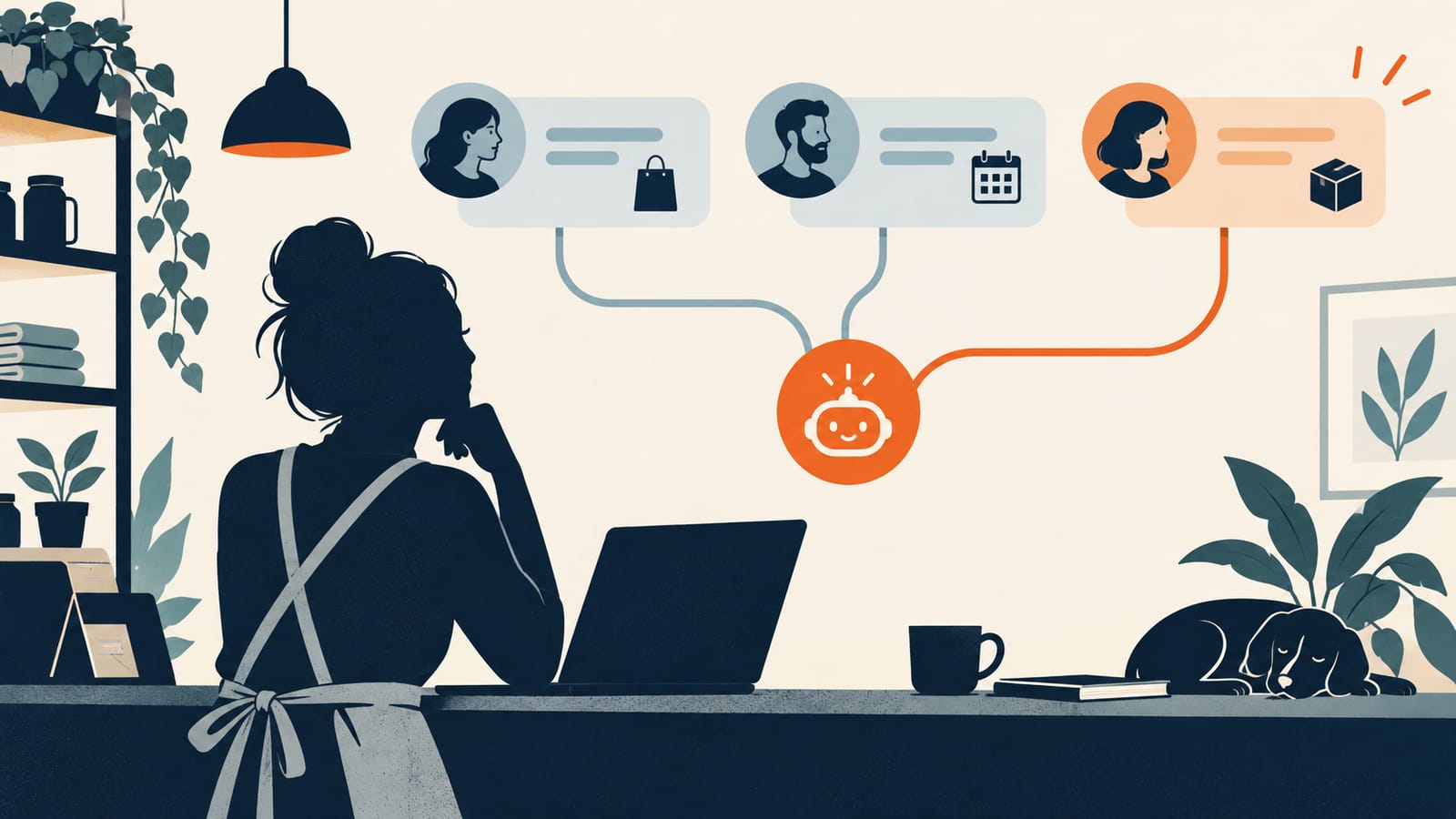 Illustration of a shop owner and customer conversations