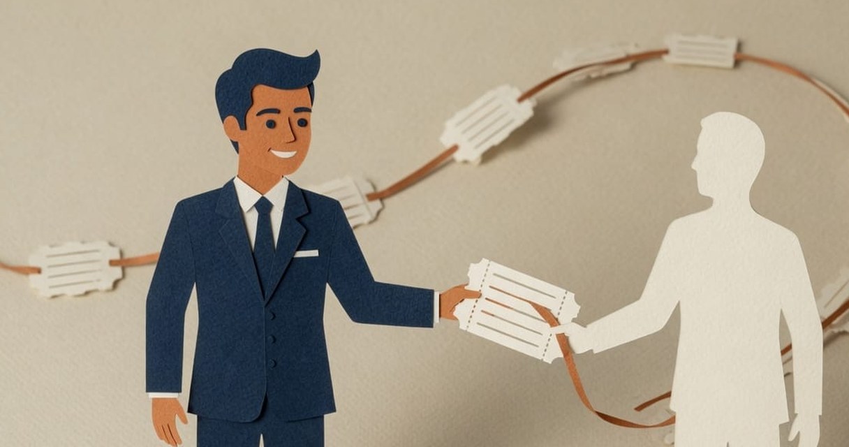 Paper-craft illustration: a navy robot-faced inbox overflowing with cream tickets beside a cream inbox holding a single navy human-silhouette card, a dashed orange ribbon of tickets moving from one to the other.