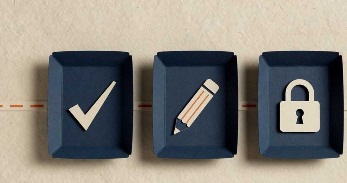 Paper-craft illustration: three navy trays on cream handmade paper, joined by a dashed orange line — a cream tick in the first, a cream pencil with an orange stripe in the second, a cream padlock in the third.