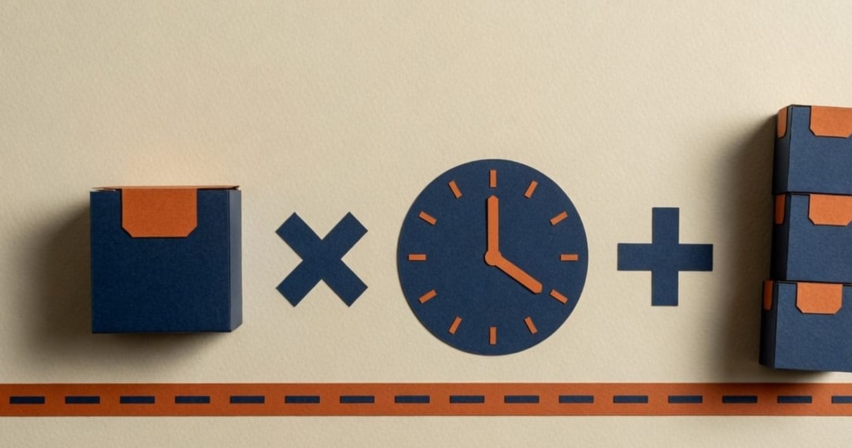 Paper-craft illustration: a navy calendar with 9.9 marked in cream, 11.11 and 12.12 marked in burnt orange, a small flag on 9.9 and a dashed orange line climbing toward the later dates.