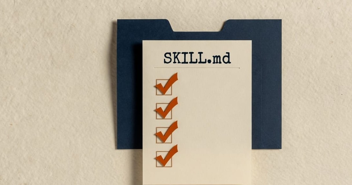 Paper-craft illustration: a navy folder labelled SKILL standing open, a cream SKILL.md sheet clipped to the front, and smaller cream cards for scripts, templates and reference nested behind it.