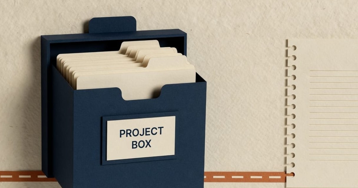 Paper-craft illustration: a navy project tab holding cream brand-guide, tone-sample and pricing cards, with a dashed orange line running to three writers’ desks that all start from the same stack.
