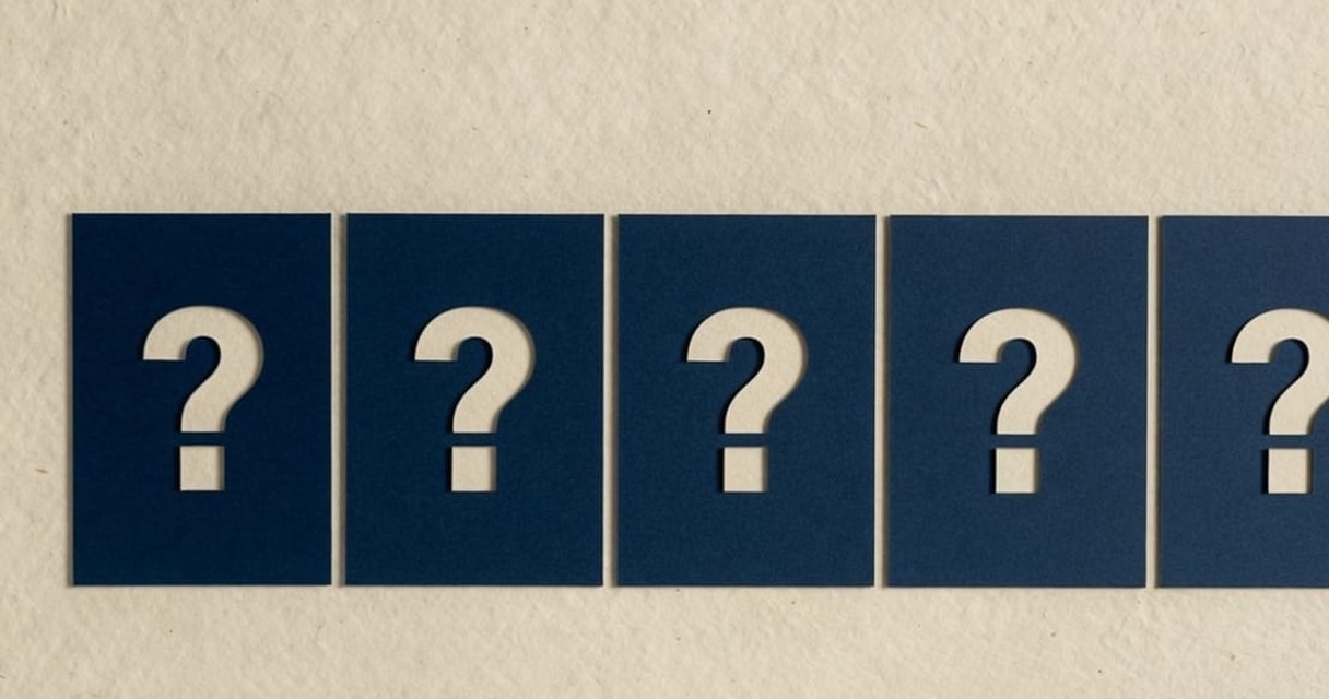 Paper-craft illustration: a torn cream brief on the left, a dashed orange line through a navy checkpoint labelled FIVE QUESTIONS, and a finished cream page on the right with a small plunge-pool icon.
