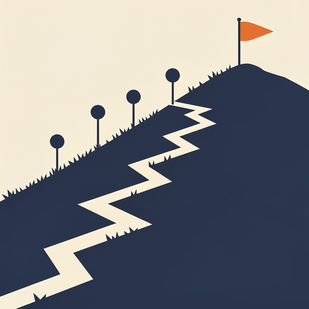 Flat navy and orange illustration of a winding route climbing toward a flag, representing an agent's repeated steps.