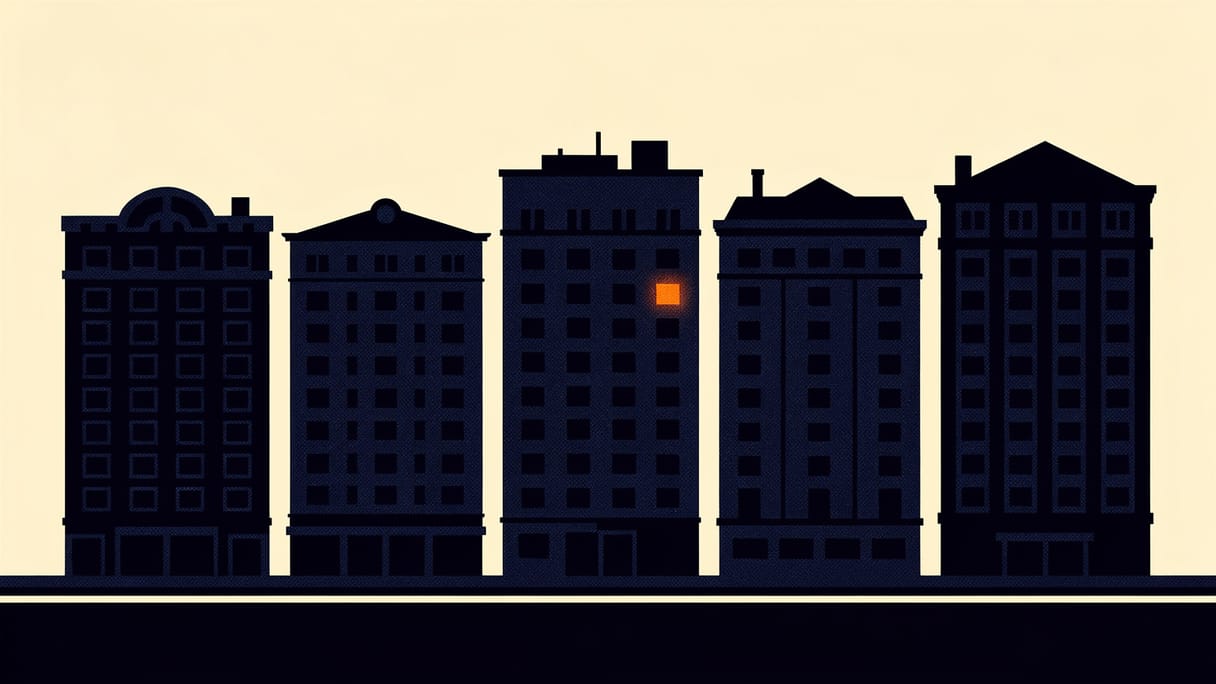Flat navy illustration of hotel buildings in a destination skyline