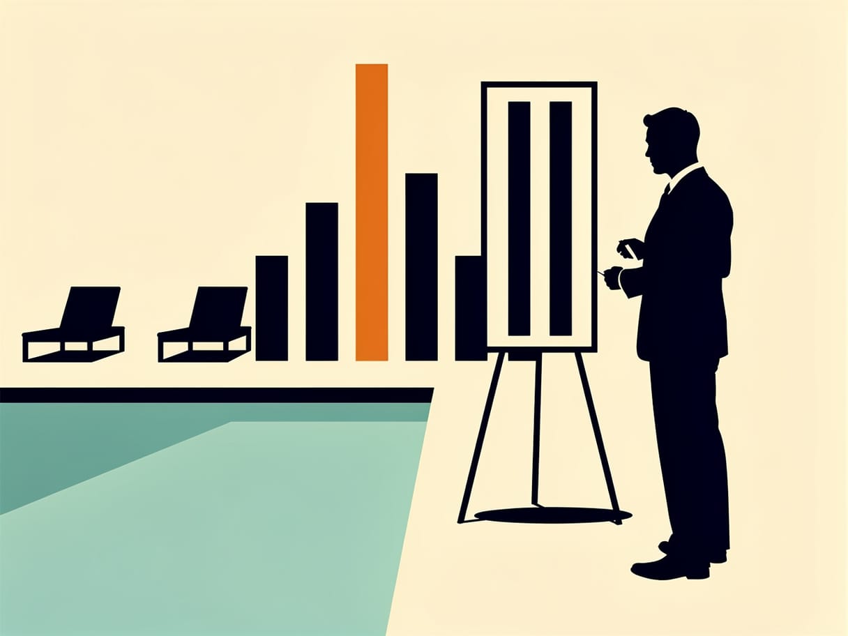 Flat illustration of a hotel operator reviewing a bar chart of bookings.
