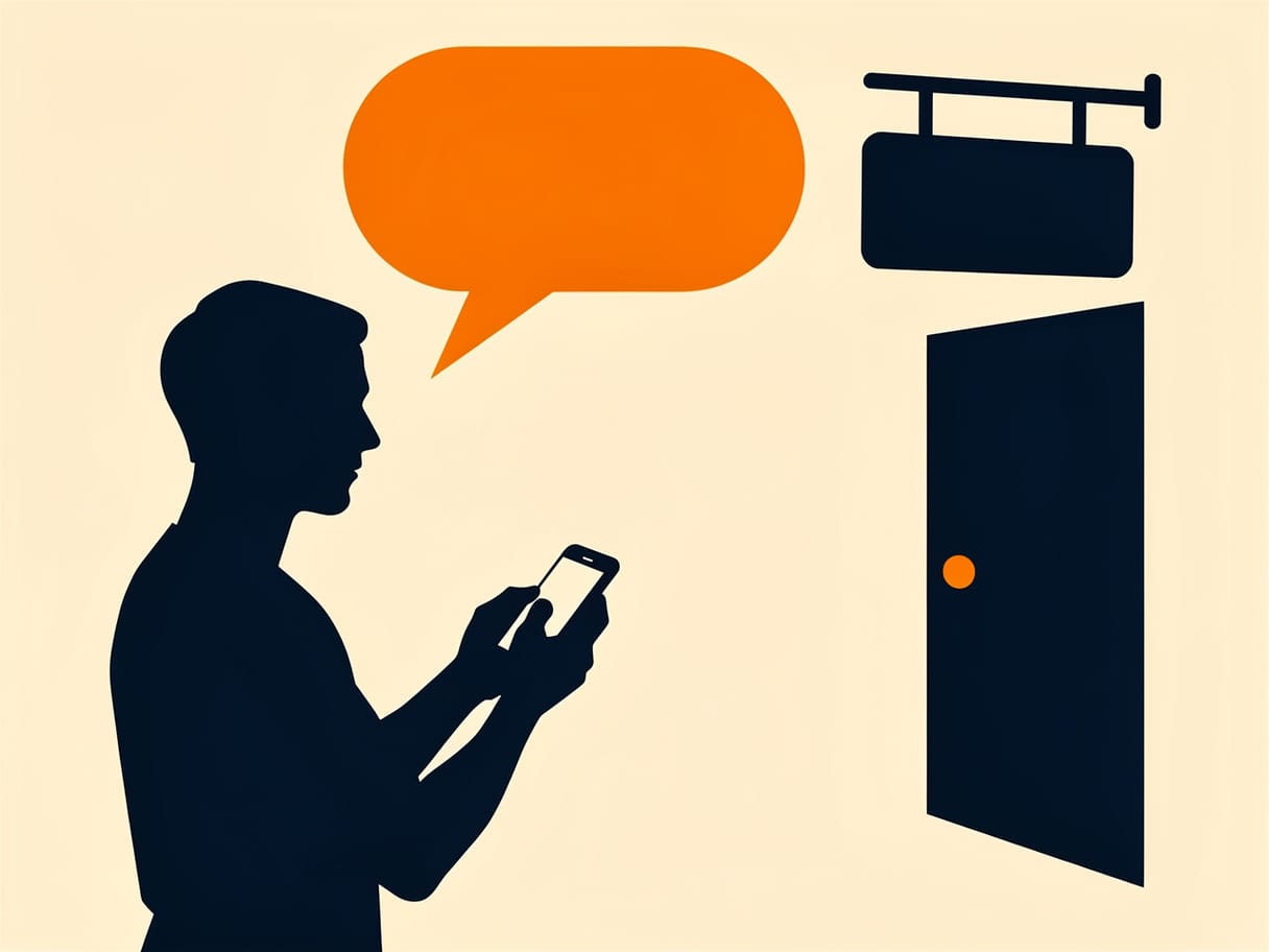 Flat illustration of a traveller using a phone to discover a destination.