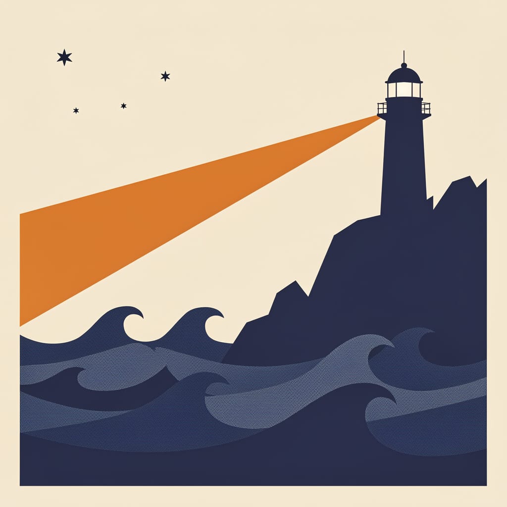 Illustration of a lighthouse guiding a traveller