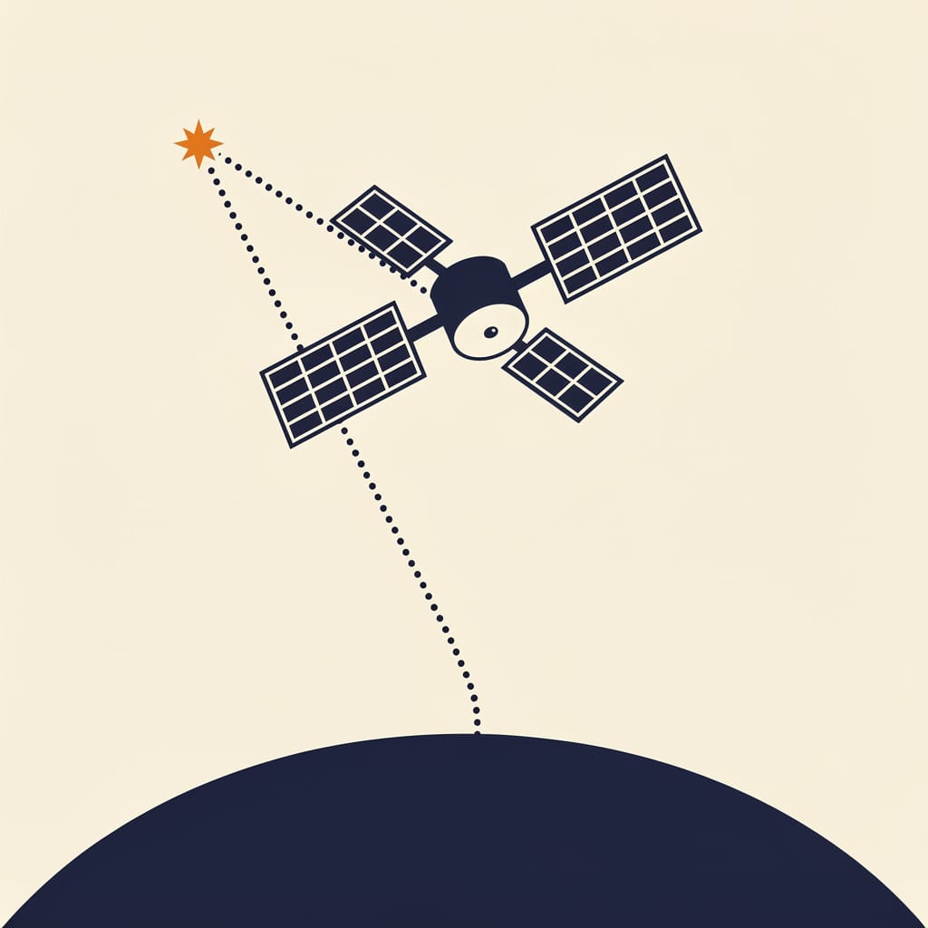 Flat illustration of a satellite relaying a signal between separate systems.