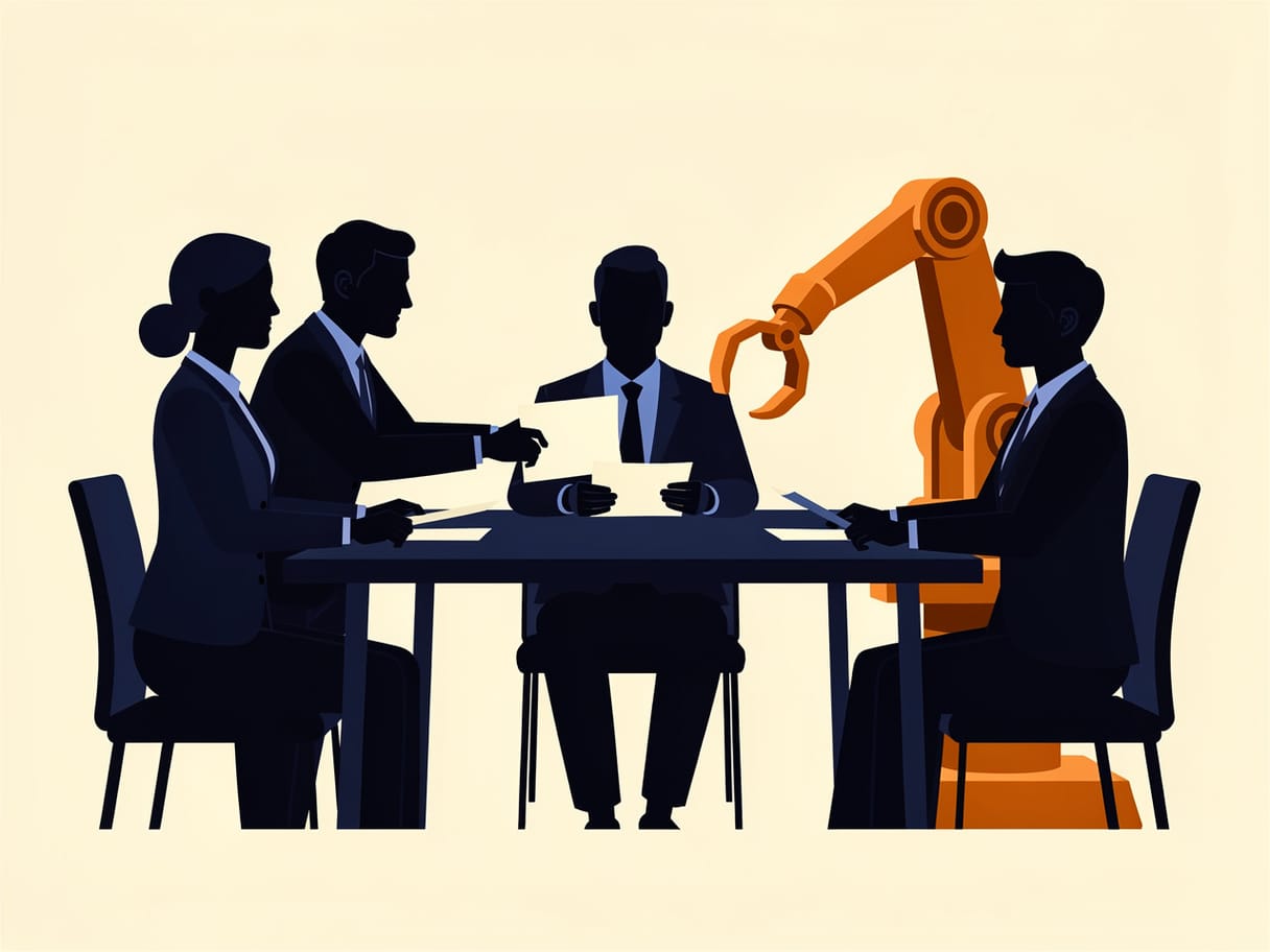Flat illustration of a business team working alongside an automated assistant.