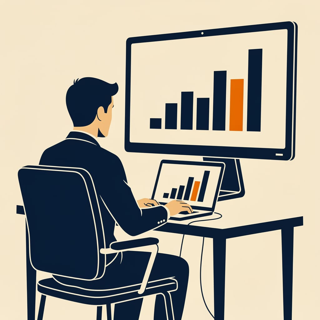 Flat illustration of a business operator reviewing results at a desk.