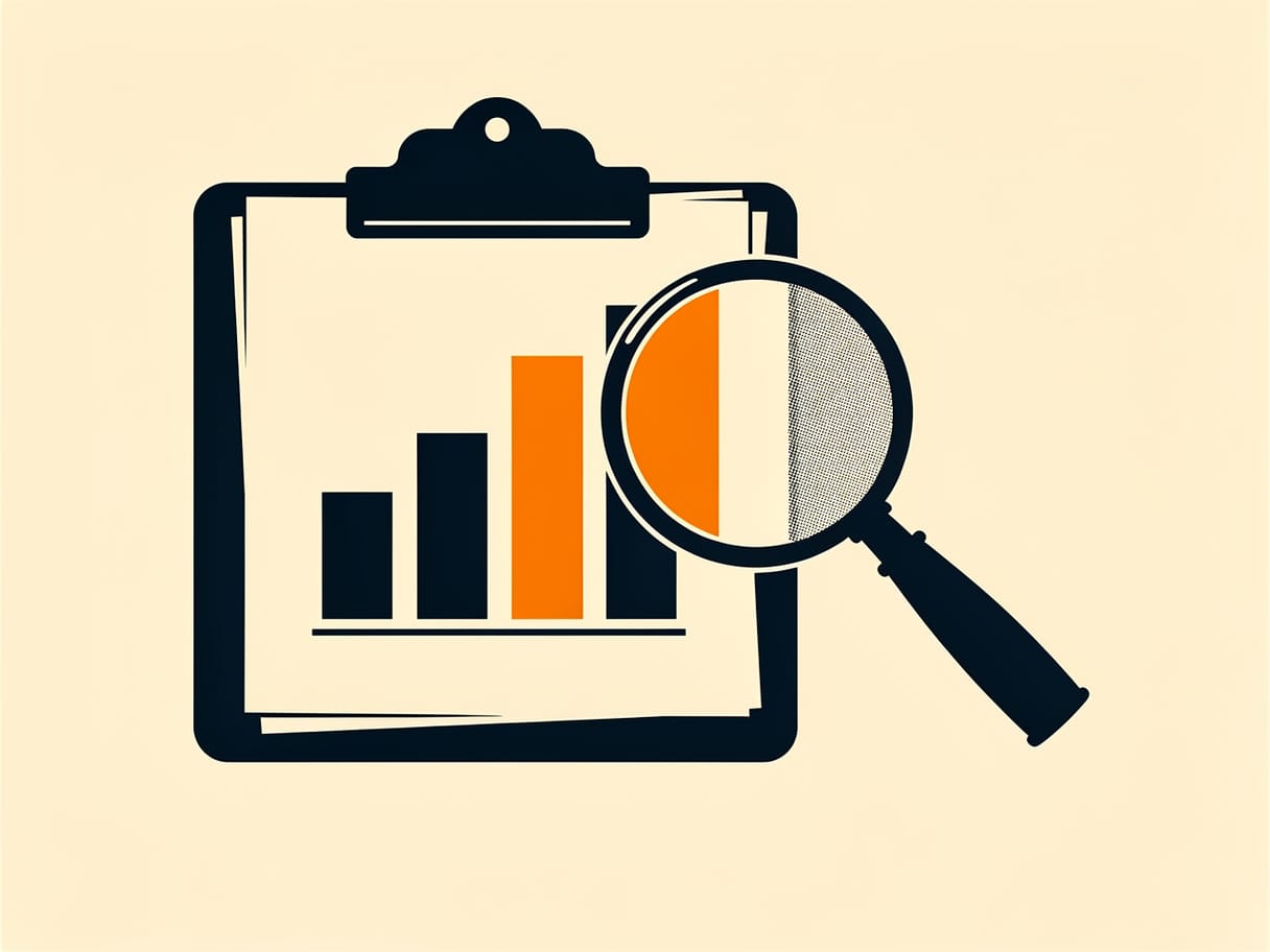 Flat illustration of a report being checked with a magnifying glass.